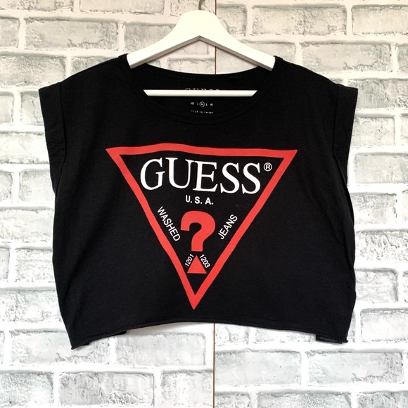 Guess Tops - Guess Women's Black Cropped T-Shirt Size M